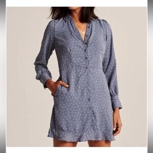 ABERCROMBIE & FITCH Blue & White Printed Long-Sleeve Button-Front Mini Dress